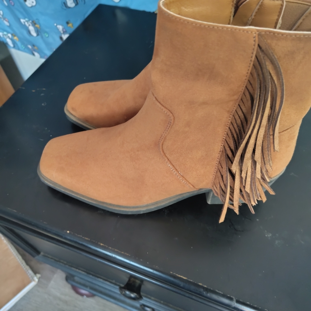Tan Suede Ankle Booties with Fringe Detail